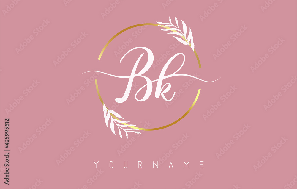BK b k Letters logo design with golden circle and white leaves on