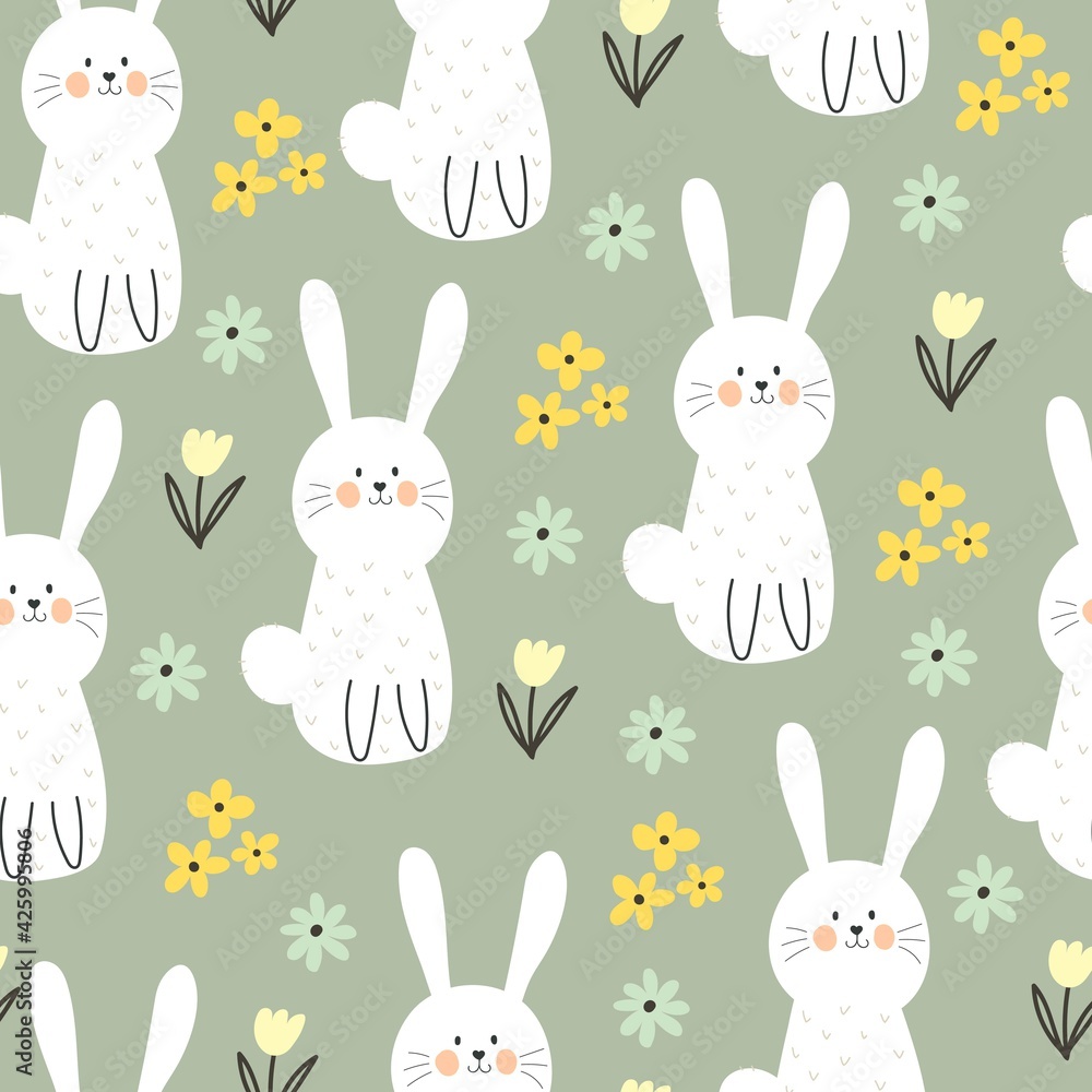 Seamless pattern with cartoon bunny, flowers, decor elements. Festive colorful vector for easter. hand drawing. design for fabric, wrapper, print Seamless pattern with cartoon bunny, flowers, decor elements. Festive colorful vector for easter. hand drawing. design for fabric, wrapper, print