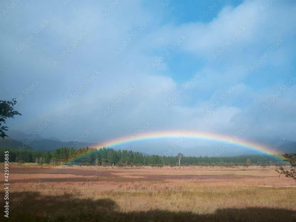 雨上がりの湿原に虹がかかる。雨雲が去り、青空が広がっていく。爽やかな風が頬を撫ぜて秋を知らせる。