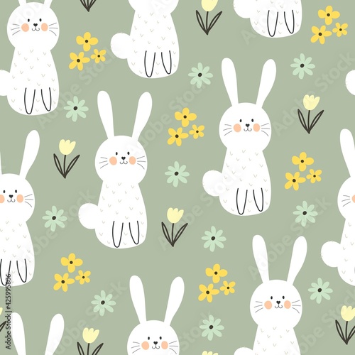 Seamless pattern with cartoon bunny, flowers, decor elements. Festive colorful vector for easter. hand drawing. design for fabric, wrapper, print