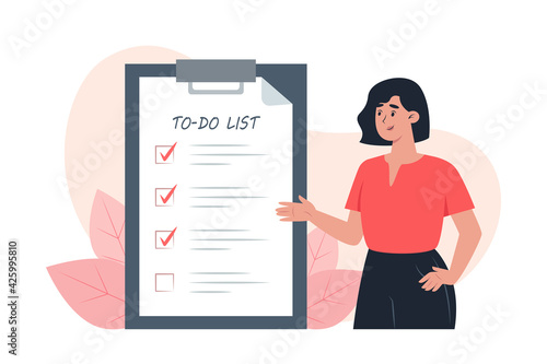 To-do list, young woman puts check marks in front of completed tasks