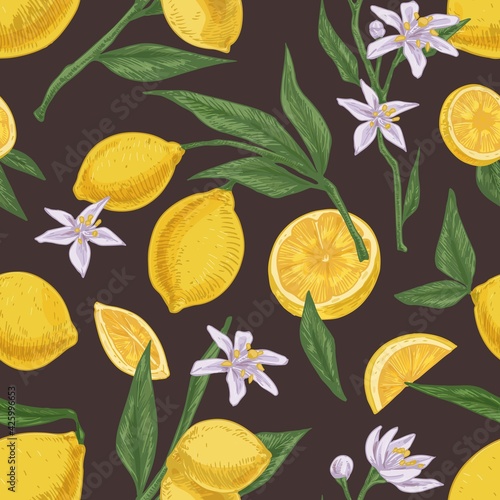 Seamless citric pattern with fruits, leaves and branches of blooming lemon tr...