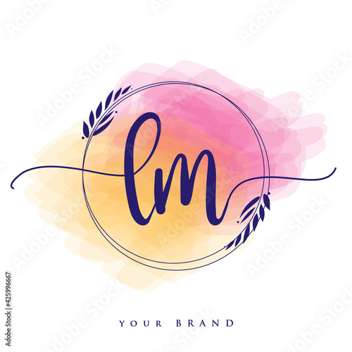 LM Initial handwriting logo. Hand lettering Initials logo branding, Feminine and luxury logo design isolated on colorful watercolor background.