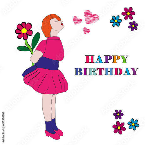 Felicitación de cumpleaños con mujer y  flor.