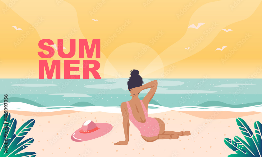 Flat young beauty girl relaxing on the beach. Concept woman character in wide-brimmed hat and pink swimsuit. Summer vector illustration. Vector illustration