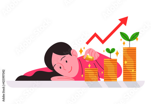 The woman is stacking coins. Investment or savings concept business vector illustration.