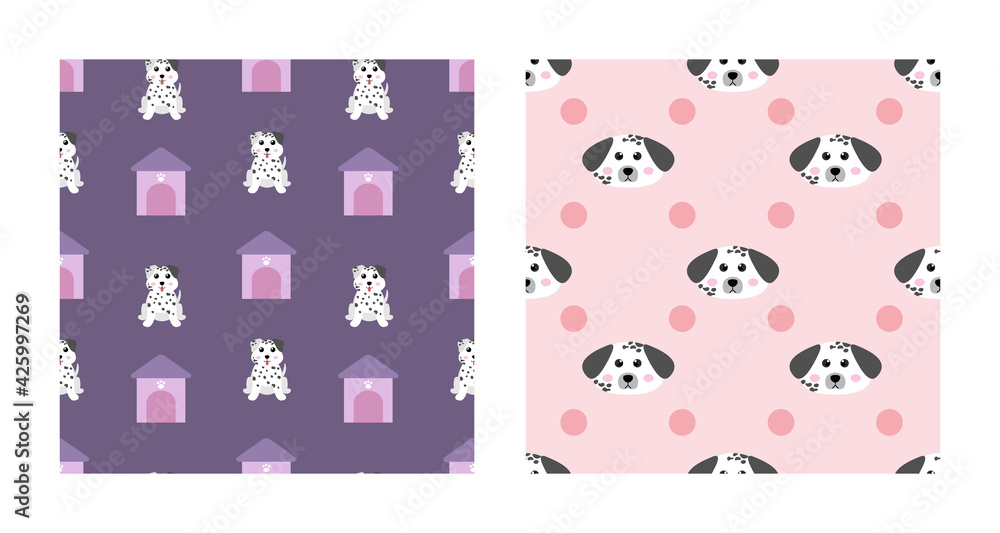 Set Character Seamless Pattern Animal Of Cute Dalmatian Dog Can Be Used as Designs Wallpapers or Backgrounds. Vector Illustration