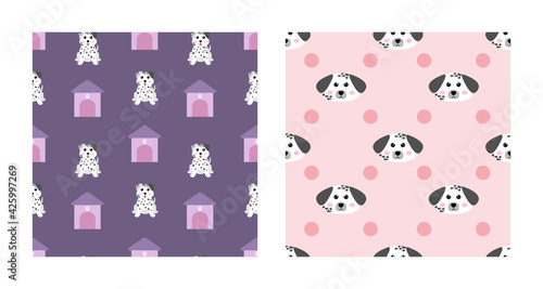 Set Character Seamless Pattern Animal Of Cute Dalmatian Dog Can Be Used as Designs Wallpapers or Backgrounds. Vector Illustration