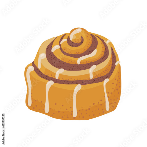 Cinnamon bun cartoon style vector illustration. Doodle clip art element for cafe menu or chalkboard.