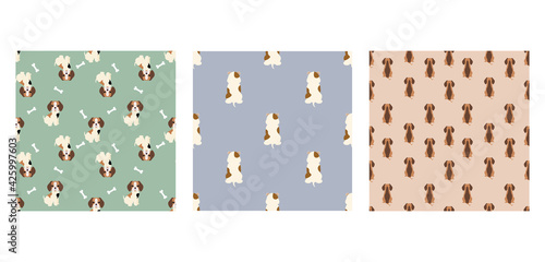 Set Character Seamless Pattern Animal Of Cute Beagle Dog Can Be Used as Designs Wallpapers or Backgrounds. Vector Illustration