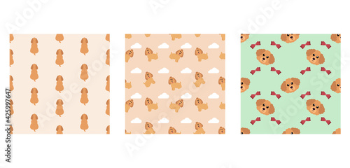 Set Character Seamless Pattern Animal Of Cute Poodle Dog Can Be Used as Designs Wallpapers or Backgrounds. Vector Illustration