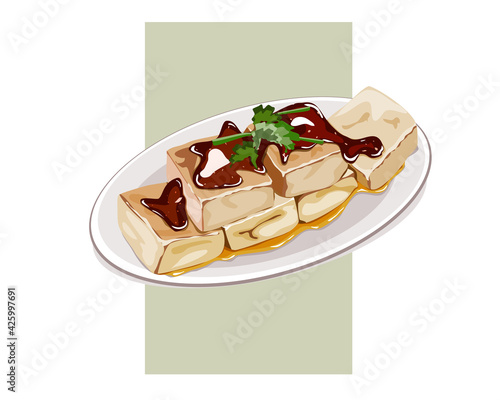 Stinky tofu, The Chinese form of fermented tofu that has a strong odor in a dish. Isolated close up asian food vector illustration on white background. 