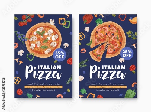 Templates of ad flyers with realistic pizzas for pizzeria, Italian food restaurant or cafe. Design of vertical promo banners for printing. Colored hand-drawn vector illustration for promotion