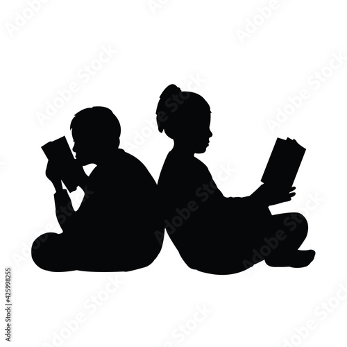 a boy and a girl reading book, silhouette vector