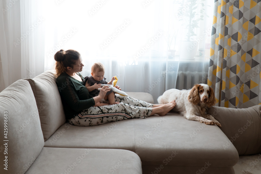 Mother and daughter sitting on sofa in living room at home and play together. Dog spaniel lay close to them Mother and daughter sitting on sofa in living room at home and play together. Dog spaniel lay close to them