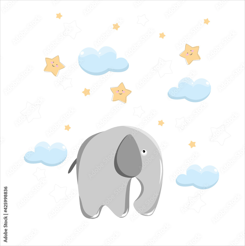 elephant, clouds, animals, africa, sad elephant, stars, cloud, baby, sky, background, banner, fabric, space, star, cute, mimi, smile, funny, cute, baby, for kids, wallpaper