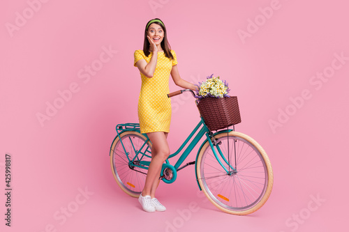 Fototapeta Naklejka Na Ścianę i Meble -  Full length body size view of nice attractive cheerful girl walking riding bicycle enjoying spare time isolated on pink color background