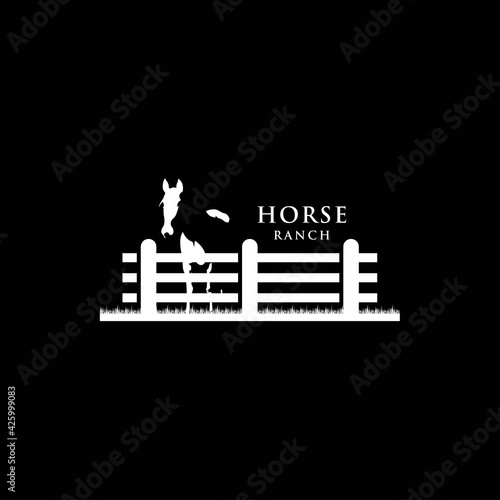 Horse silhouette behind wooden fence paddock for vintage retro rustic countryside western country farm ranch logo design