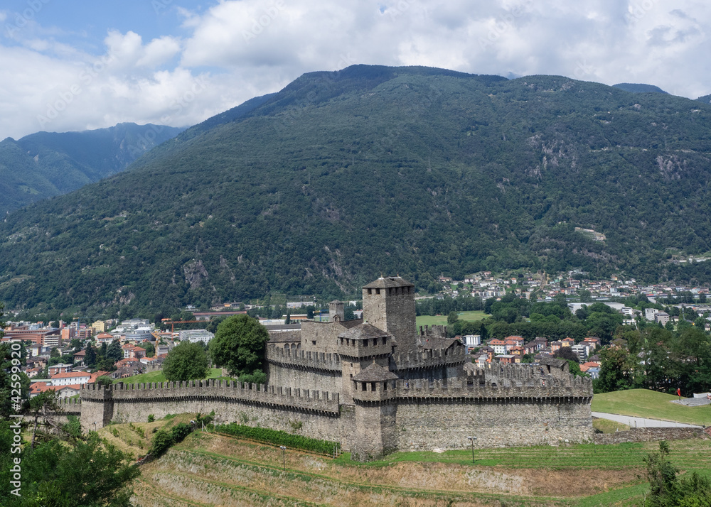 Aerial view of Montebello,medieval castle in Bellinzona.Canton Ticino, Switzerland