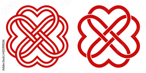 Celtic knot of red hearts in the shape of a flower, vector knot hearts symbol endless love mutual understanding and friendship