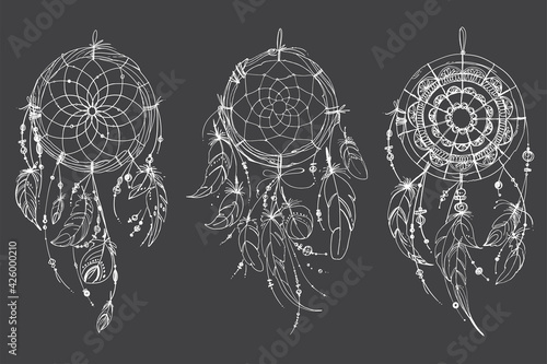 Dreamcatcher hippie decoration tattoo vector line. Boho style, beads and feathers.