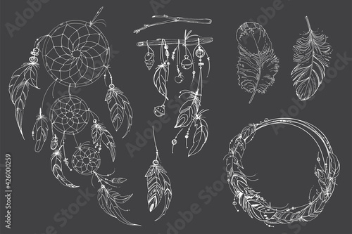 Dreamcatcher hippie decoration tattoo vector line. Boho style, beads and feathers.