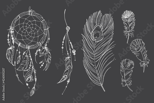 Dreamcatcher hippie decoration tattoo vector line. Boho style, beads and feathers.