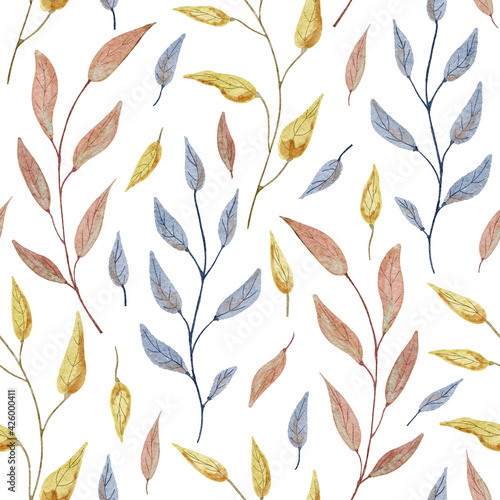 Beautiful seamless pattern with tree branches. Hand painted watercolor illustration on white background. Great for fabrics; wrapping papers; covers. Blue; yellow and brown colors.