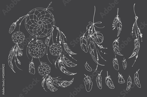 Dreamcatcher hippie decoration tattoo vector line. Boho style, beads and feathers.