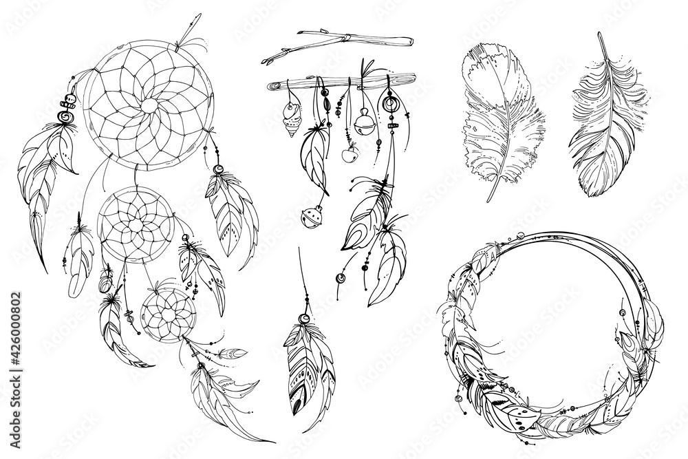 Obraz premium Dreamcatcher hippie decoration tattoo vector line. Boho style, beads and feathers.