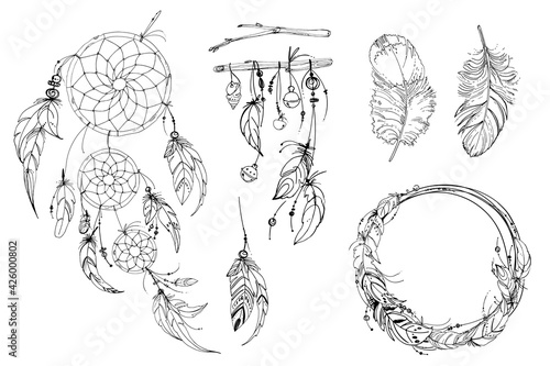 Dreamcatcher hippie decoration tattoo vector line. Boho style, beads and feathers.