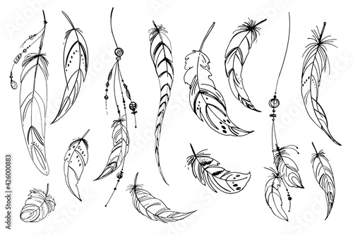 Dreamcatcher hippie decoration tattoo vector line. Boho style, beads and feathers.