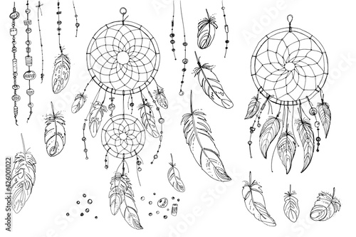 Dreamcatcher hippie decoration tattoo vector line. Boho style, beads and feathers.