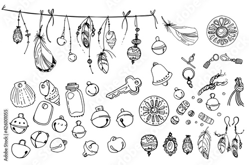 Dreamcatcher hippie decoration tattoo vector line. Boho style  beads and feathers.