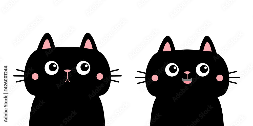 Cat set. Black kitten kitty silhouette icon. Cute kawaii cartoon character. Sad happy face. Happy Valentines Day. Baby greeting card tshirt notebook cover print. White background. Flat design.