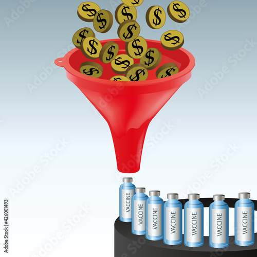 Concept de l’investissement dans la rechercher scientifique, avec comme symbole, des dollars passant au travers d’un entonnoir pour produire un vaccin.