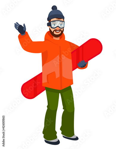 Snowboarder waving hand. Male person in cartoon style.