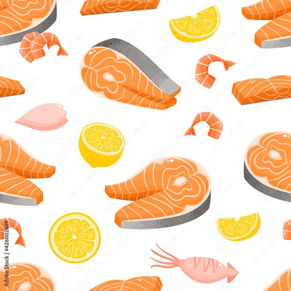 Bright vector seamless pattern with seafood isolated on white. Bright vector seamless pattern with seafood isolated on white.