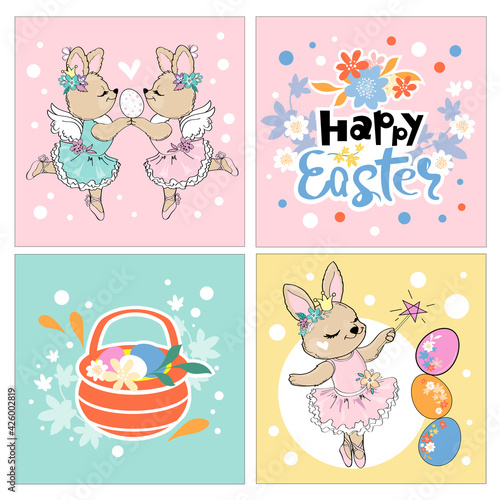 Happy easter vector illustration with cute bunnies, basket, easter eggs collection. Spring cards. Funny rabbits