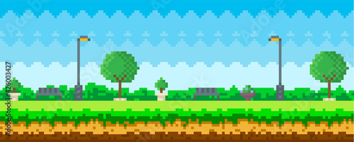 Pixel art game nature landscape with trees, bushes, benches, trash can and street lamp, blue sky