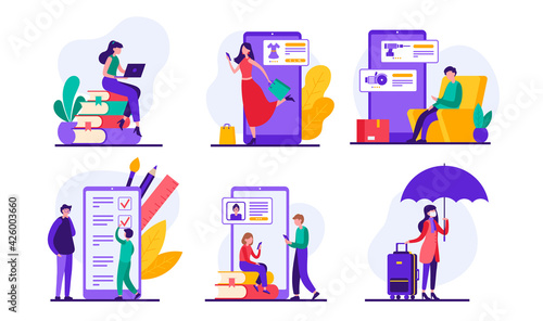 Set of flat style vector illustrations of cartoon characters of various people using mobile apps for online shopping and education during coronavirus pandemic