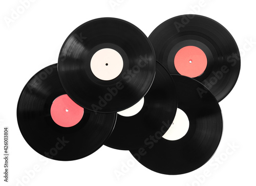 Vintage vinyl records on white background, top view