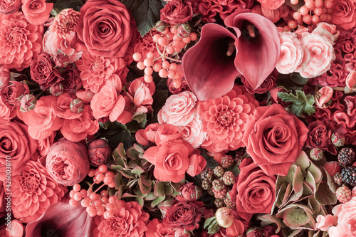 Beautiful bouquet of mixed flowers. A bright mix of Dahlia, Chrysanthemum, Calla and Rose. The work of the florist at a flower shop