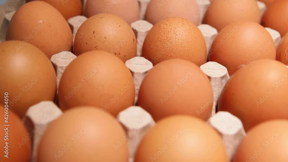 Chicken egg packaging on a blue background. Fresh raw chicken eggs in egg box at the farm or market. A macro. Close-up. Chicken egg packaging on a blue background. Fresh raw chicken eggs in egg box at the farm or market. A macro. Close-up.