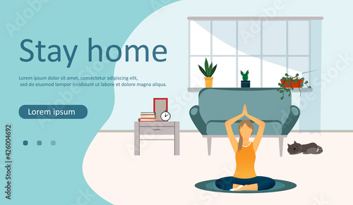 A woman practicing yoga at home, online classes, stay home concept, flat vector illustration