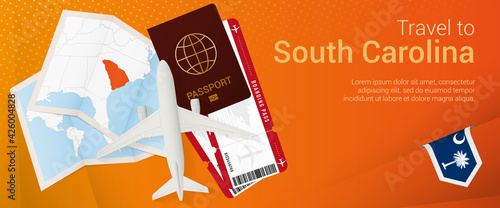 Travel to South Carolina pop-under banner. Trip banner with passport, tickets, airplane, boarding pass, map and flag of South Carolina.