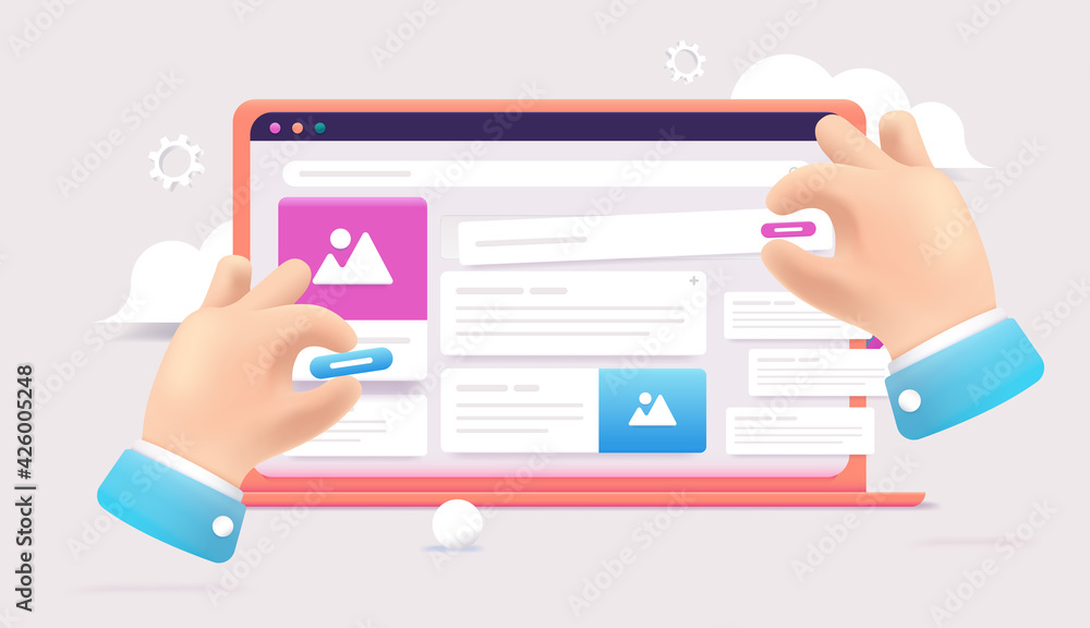 UX design on computer screen - Hands designing user interface and experience on laptop, moving elements around. Web design concept, 3d vector illustration. UX design on computer screen - Hands designing user interface and experience on laptop, moving elements around. Web design concept, 3d vector illustration.