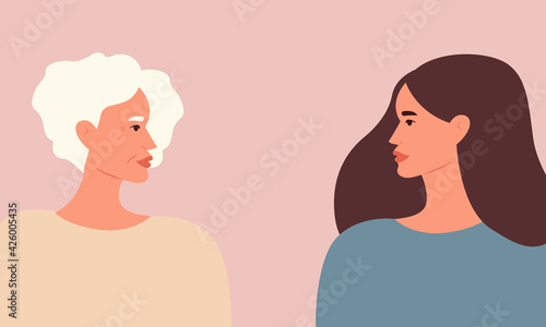 Happy mother's day, mother and daughter concept. Side view of mature mother and her young daughter look at each other. Young woman looks at her mature version. Vector illustration in flat style.