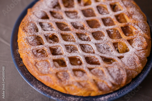 Round pie with pear filling. The dough mesh is decorated.