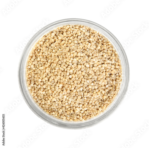 Jar with quinoa on white background, top view
